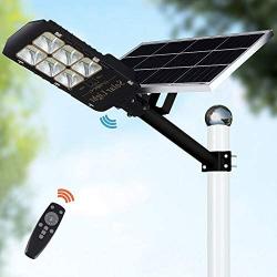 300W LED Solar Street Lights Outdoor Lamp, Dusk to Dawn Pole Light with Remote Control, Waterproof, Ideal for Parking Lot, Yard, Garage and Garden (Cool White)