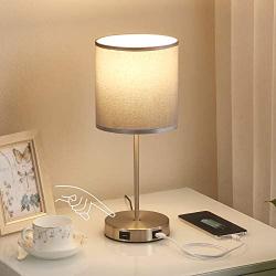 Touch Control USB Table Lamp - Kakanuo Silver Gray Bedside Lamp Nightstand Lamps with Dual USB Charging Ports, 3 Way Dimmable Touch Lamp for Bedroom, Living Room and Study Room (LED Bulb Included)