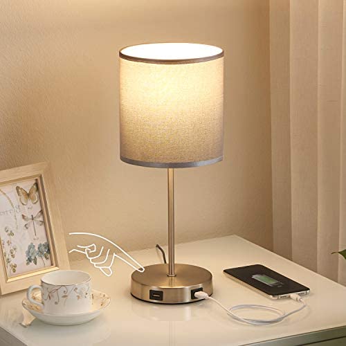 Touch Control USB Table Lamp - Kakanuo Silver Gray Bedside Lamp Nightstand Lamps with Dual USB Charging Ports, 3 Way Dimmable Touch Lamp for Bedroom, Living Room and Study Room (LED Bulb Included)