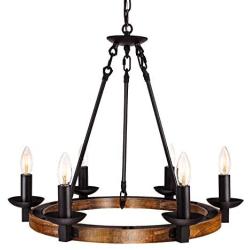 GZBtech Farmhouse Wagon Wheel Chandeliers, 6-Light Iron & Wood Rustic Pendant Lighting in Black Finish for Kitchen Island, 22.83'' H Adjustable Hanging Lights for Dining Living Room Over The Table