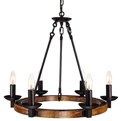 GZBtech Farmhouse Wagon Wheel Chandeliers, 6-Light Iron & Wood Rustic Pendant Lighting in Black Finish for Kitchen Island, 22.83'' H Adjustable Hanging Lights for Dining Living Room Over The Table