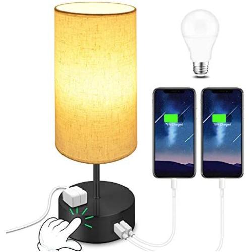 Touch Control Table Lamp, Bedside Lamp 2 USB Port 1 Outlet, Modern Bedroom Lamp Dimmable, Reading Nightstand Desk Lamp with Cylindrical Shade for Living Room, Study, Bookcase, 60W LED Bulb Included