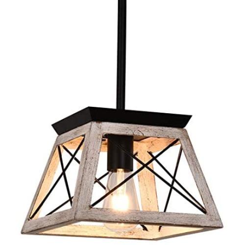 Rustic Flush Mounted Ceiling Light Fixture Modern Farmhouse Pendant Chandeliers Metal Wood Island Lamp E26 Bulbs, 1 Socket,Pendent