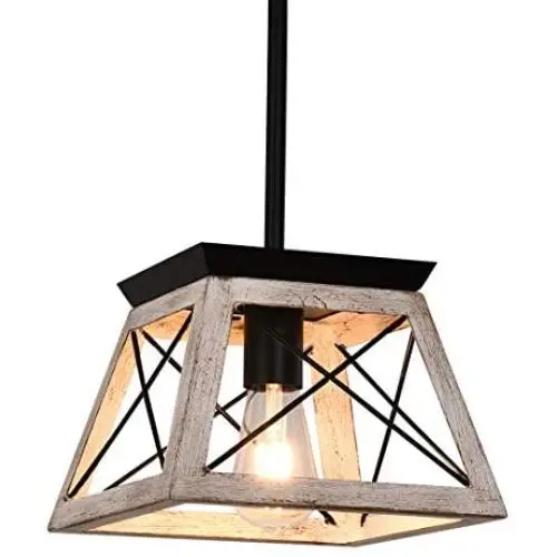 Rustic Flush Mounted Ceiling Light Fixture Modern Farmhouse Pendant Chandeliers Metal Wood Island Lamp E26 Bulbs, 1 Socket,Pendent