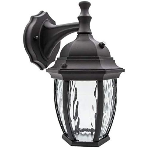 Maxxima LED Outdoor Wall Light, Black w/Clear Water Glass, Photocell Sensor, 580 Lumens, 3000K Warm White, Dusk to Dawn Light Sensor