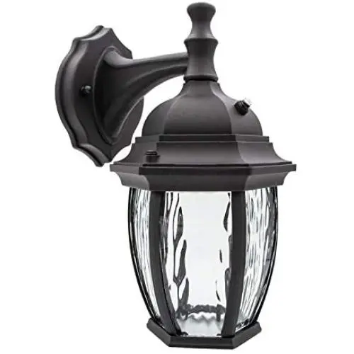 Maxxima LED Outdoor Wall Light, Black w/Clear Water Glass, Photocell Sensor, 580 Lumens, 3000K Warm White, Dusk to Dawn Light Sensor