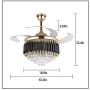 Luxury Crystal Chandelier Fan, 43 Inch Retractable Ceiling Fan with Remote Control, LED 3 Color Changing Invisible Fandelier Ceiling Fan with Light for Dining Room Living Room Bedroom (Black)
