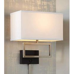Trixie Modern Wall Lamp Brushed Nickel Matte Black Plug-in Light Fixture Rectangular Fabric Shade for Bedroom Bedside Living Room Reading - Possini Euro Design