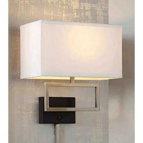 Trixie Modern Wall Lamp Brushed Nickel Matte Black Plug-in Light Fixture Rectangular Fabric Shade for Bedroom Bedside Living Room Reading - Possini Euro Design