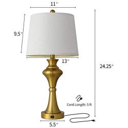 Oneach Modern Table Lamps Set of 2 for Living Room Bedroom 24.5” USB Gold Bedside Nightstand Lamps with Fabric Lampshade