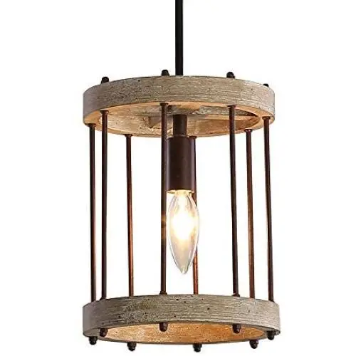 Wood and Metal Chandelier Square 1-Light Adjustable Height Ceiling Pendant Light Dining Room Lighting Fixtures Hanging，Living Room Light ,Kitchen Chandelier UL Listed