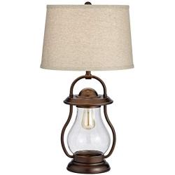 Fredrik Rustic Industrial Farmhouse Table Lamp with Nightlight Antique Edison Style LED Bronze Lantern Burlap Tapered Drum Shade for Living Room Bedroom Nightstand Office - Franklin Iron Works