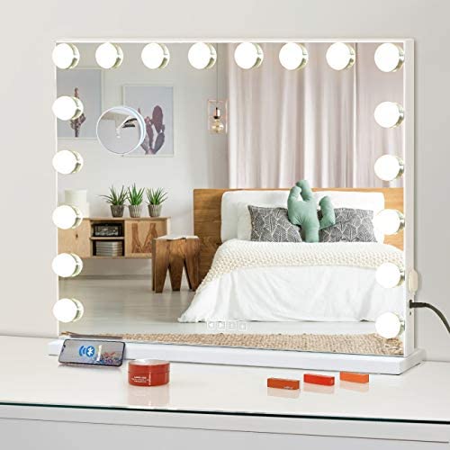 FENCHILIN Large Vanity Mirror with Lights and Blutooth Speaker,Lighted Makeup Mirror with 18 Dimmable Large LED Bulbs for Dressing Room & Bedroom,Tabletop or Wall-Mounted, Slim Metal Frame White FENCHILIN Large Vanity Mirror with Lights and Blutooth Speaker,Lighted Makeup Mirror with 18 Dimmable Large LED Bulbs for Dressing Room & Bedroom,Tabletop or Wall-Mounted, Slim Metal Frame White