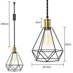 Metal Cage Pendant Light with 14.8 Ft Plug in Cord Vintage Hanging Pendant Lamps with Switch for Dining Room Bedroom Loft - Black