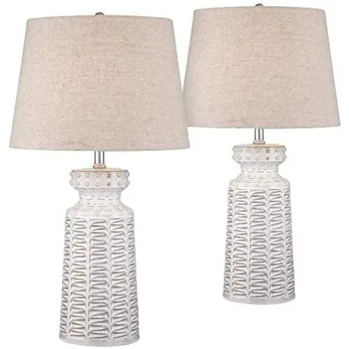 Helene Country Cottage Table Lamps Set of 2 Ceramic Rustic White Glaze Linen Shade for Living Room Family Bedroom Bedside - 360 Lighting