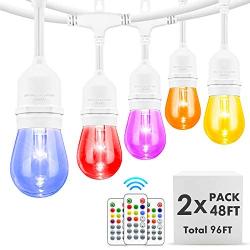 96FT RGB String Lights White Cord, Pergola Lights, Linkable & Extendable, Commercial Light String for Christmas, Halloween, Wedding Lights for Party, 2-Pack (48FT for Each)