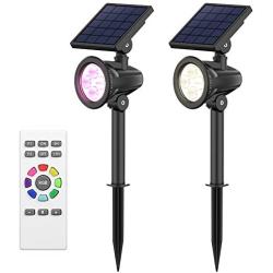 intelamp 2Pack Solar Spotlight, Waterproof Outdoor Solar Landscape Lights, Remote Control On Brightness and Color Change, Long Time High Brightness, for Yard Deck Patio Pool Pathway