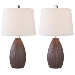 Maxax Ceramic Table Lamps Set of 2 Nightstand Lamps with Oatmeal Shade Bedside Desk Lamps for Bedroom, Living Room, Office, Brown Finish