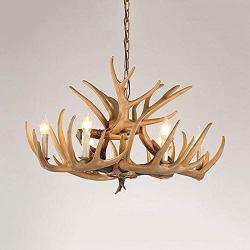 LAKIQ Rustic Vintage Resin Hanging Chandelier Lighting Fixture with Deer Horn Shape 4/6 Lights Antique Farmhouse Pendant Ceiling Light Candle Shape for Dining Room Living Room Restaurant (6 Lights)
