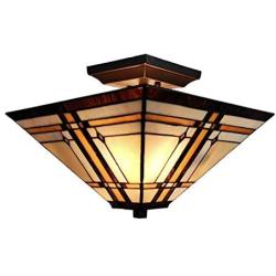 Amora Lighting Tiffany Style Ceiling Fixture Lamp Mission 14'' Semi Flush Mount Wide Stained Glass Tan Brown Antique Vintage Light Decor Living Room Bedroom Kitchen Hallway Gift AM085CL14B, Multicolor