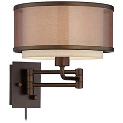 Vista Rustic Farmhouse Swing Arm Wall Lamp Oil Rubbed Bronze Plug-in Light Fixture Brown Organza Oatmeal Linen Double Drum Shade for Bedroom Bedside Living Room Reading - Franklin Iron Works