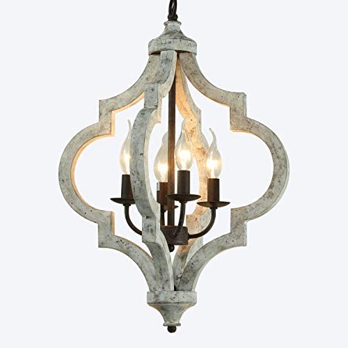 Wood and Metal Chandelier Square 4-Light Adjustable Height Ceiling Pendant Light Dining Room Lighting Fixtures Hanging，Living Room Light ,Kitchen Chandelier UL Listed