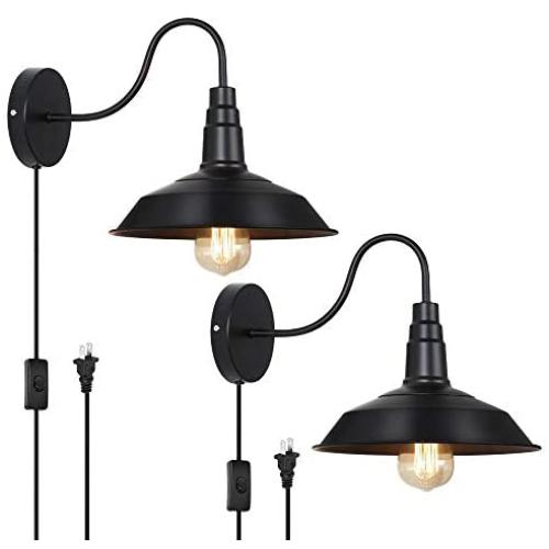 HAITRAL Plug in Wall Lamps Set of 2- Farmhouse Wall Sconces with Plug in Cord and Buttun Switch, Industrial Wall Light Fixtures Plug in for Bedroom, Living Room, Farmhouse, Bathroom Vanity-Black