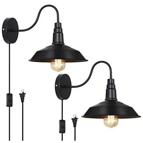 HAITRAL Plug in Wall Lamps Set of 2- Farmhouse Wall Sconces with Plug in Cord and Buttun Switch, Industrial Wall Light Fixtures Plug in for Bedroom, Living Room, Farmhouse, Bathroom Vanity-Black