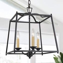 LALUZ 3-Light Lantern Chandelier Light Fixture in Black and Gold Finish, Modern Industrial Lantern Square Cage Pendant Light for Kitchen Island Foyer Entryway Bedroom
