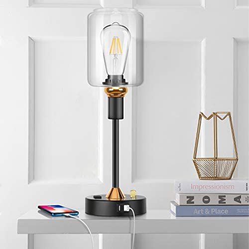 Industrial Table Lamp, Fully Dimmable Nightstand Lamp with 2 USB Charging Ports and AC Outlet, Clear Glass Shade Modern Lamp for Bedroom Living Room, Office, 6W 2700K LED Bulb Included