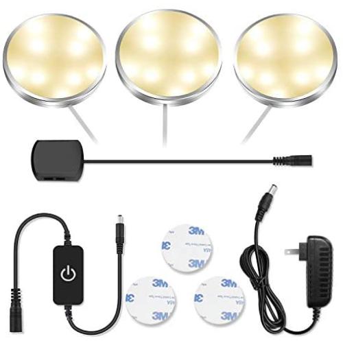 3 Pack LED Puck Lights, 3000K Warm White, CRI90+, Touch Dimming, All Accessories Included, Under Counter Lighting for Kitchen, Closet Lights, Safe Light