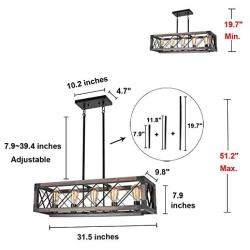 Baiwaiz Rustic Wood Chandelier, Metal Rectangle Dining Room Chandelier Lighting Farmhouse Kitchen Pendant Island Light Fixtures 5 Lights Edison E26 032A