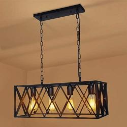 Henveton Industrial Kitchen Island Light, 4-Light Rectangular Farmhouse Pendant Lighting Vintage Hanging Fixtures Light Metal Caged Chandeliers for Dining Room