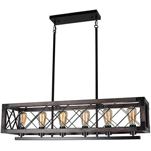 Beuhouz 37.8'' Long Wood Chandelier Light for Kitchen Island, Metal Farmhouse Dining Room Lighting Rectangle Rustic Chandelier Billiard Light 6 Lights Edison E26 8001A