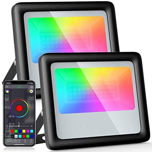 2 Pack 100W RGB LED Flood Light - Waygor Bluetooth Smart Floodlights Color Changing APP Control, Outdoor Waterproof Landscape Lights Dimmable 2700K, 5700K White, 16 Million Colors&Timing& Music Sync