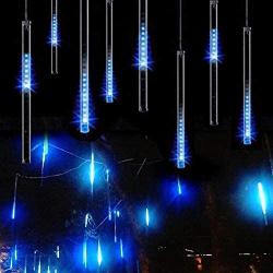 Rain Drop Lights, Aukora LED Meteor Shower Lights 11.8 inch 8 Tubes 144leds, Icicle Snow Falling Lights for Xmas Halloween Party Holiday Garden Tree Christmas Thanksgiving Decoration Outdoor (Blue)