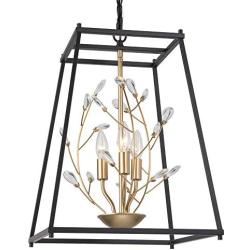 LALUZ Modern Industrial Metal Chandeliers with Crystal, Black Farmhouse Chandelier Pendant Light, 3 Light Square Cage Chandeliers for Foyer, Dining Room, Kitchen, Hallway