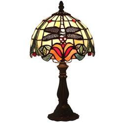 Tiffany Style Table Lamp Bedside Lamp,Stained Glass Desk Lamp Reading Lamp for Living Room Bedroom,Antique Zinc Base,8''Floral Lampshade,Dragonfly Flower