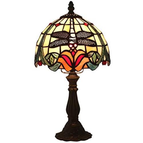 Tiffany Style Table Lamp Bedside Lamp,Stained Glass Desk Lamp Reading Lamp for Living Room Bedroom,Antique Zinc Base,8''Floral Lampshade,Dragonfly Flower