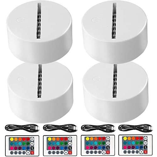 4-Pack 3D Night LED Light Lamp Base + Remote Control + 1 Blank Acrylic+ USB Cable Adjustable 7 Colors Decoration Maison Decorative Lights for Bedroom Child Room Living Room Bar(White)