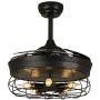 Siljoy 36 Inches Industrial Retractable Fan with Light and Remote Vintage Cage Chandelier Ceiling Fandelier for Bedroom Farmhouse Dining Room