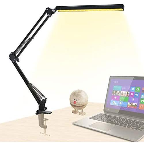 ODOM Swing Arm Desk Lamp with Clamp, Architect Metal LED Table Lights with Clamp, Brightness Adjustable, 10W Eye-Care Dimmable Desk Lamp with 3 Color Modes for Study, Work, Task, Home, Reading, Office