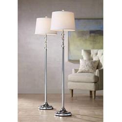 Montrose Modern Floor Lamps Set of 2 Polished Steel Crystal Glass White Fabric Drum Shade for Living Room Reading Bedroom - 360 Lighting