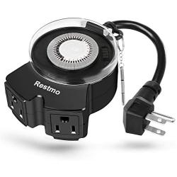 Restmo 24-Hour Mechanical Outdoor Timer, Waterproof Plug-in Timer with Dual Wide-Spaced Outlets, Programmable, Heavy Duty, Ideal for Halloween and Christmas Holiday Decoration Lights, ETL Listed