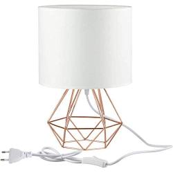 Frideko Modern Table Lamps, 9.8 inches(20cm) Diamond Metal Wire Cage Base with Fabric Lampshade for Home Office Cafe Restaurant (White-Rose Gold)