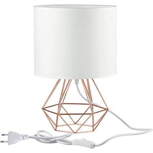 Frideko Modern Table Lamps, 9.8 inches(20cm) Diamond Metal Wire Cage Base with Fabric Lampshade for Home Office Cafe Restaurant (White-Rose Gold)