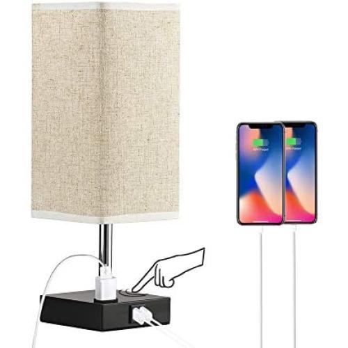 Touch Control Table Lamp,Dimmable Bedside Table Lamp , with AC Outlet & 2 Charging USB Ports Fabric Shade Modern Lamp for Bedroom Office Living Room,Included Dimmable LED Bulb