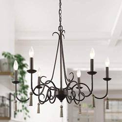 LALUZ Rustic French Country Chandelier Large Farmhouse Light Fixture with Wood Drops for Dining & Living Rooms, Bedrooms and Foyer