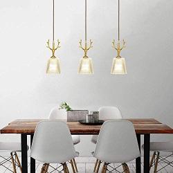 PLLP 3 Head Hanging Light Modern Dining Table Pendant Lamp Adjustable Transparent Glass Lampshade with Pattern Creative Copper Antler Pendant Light Dining Room Hanging Lamp Kitchen Island Bar Edison