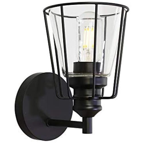 VINLUZ Metal Cage Sconces Wall Lighting Black Modern Bathroom 1-Light Fixture Wall Mount Light Porch Lamp with Clear Glass Shade, Rustic Classical Vanity Light for Restaurants Hallway Stairway